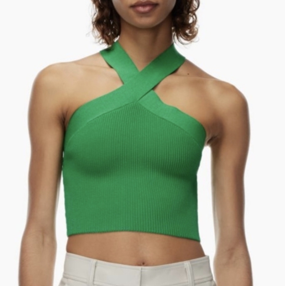 Aritzia Babaton Ribbed Knit Green Cross-Strap Tank Top
